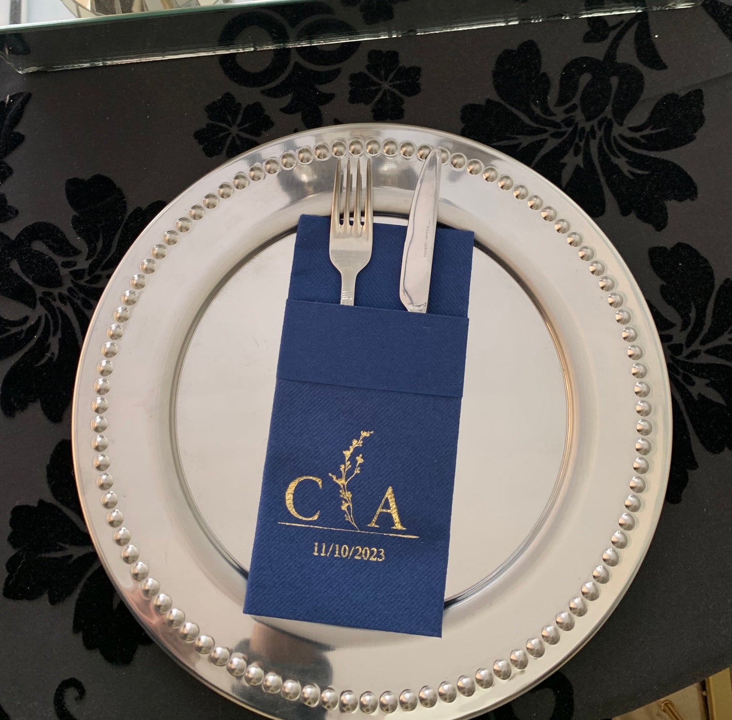 Personalized Wedding Napkins With Branch and Letter, Linen Like