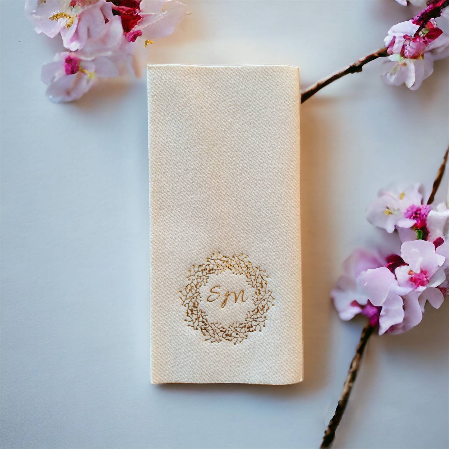Custom Wedding Napkins with Letters and branch, Bookfolded