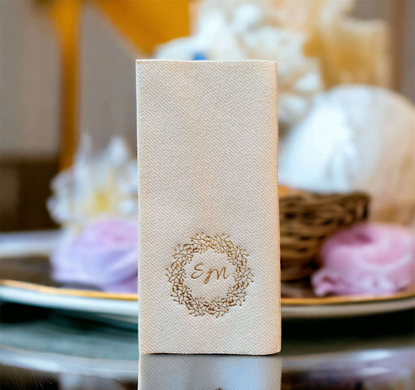 Custom Wedding Napkins with Letters and branch, Bookfolded