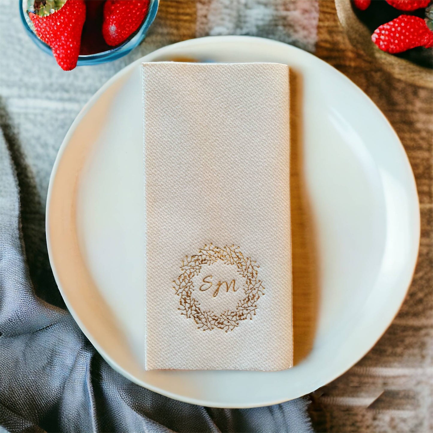 Custom Wedding Napkins with Letters and branch, Bookfolded