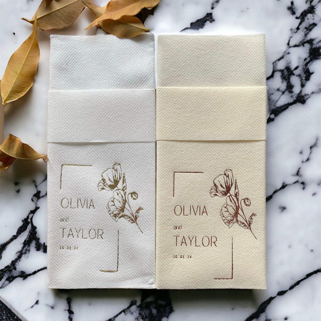 Personalized Pocket Wedding Napkins with Rose, Linen Like