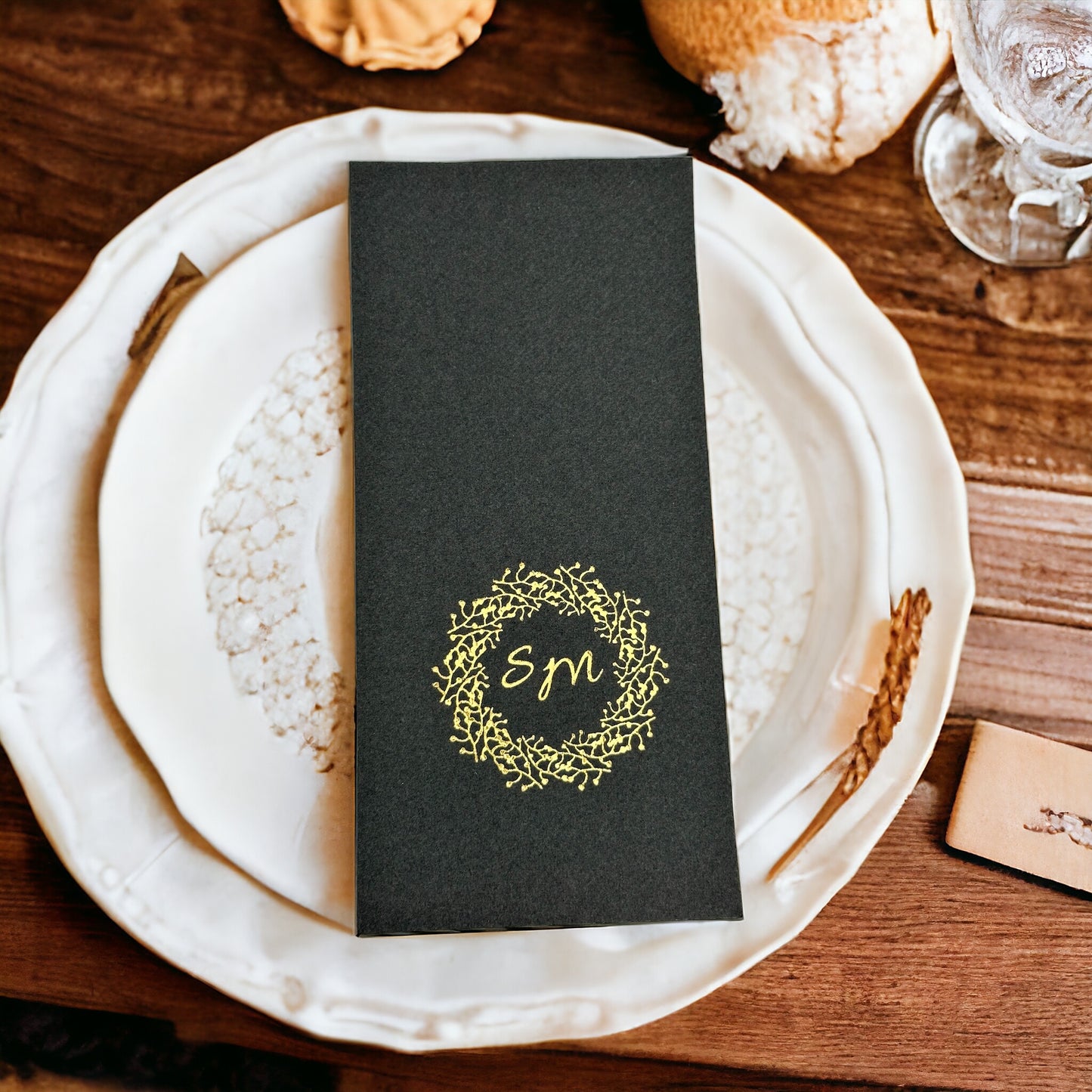 Custom Wedding Napkins with Letters and branch, Bookfolded