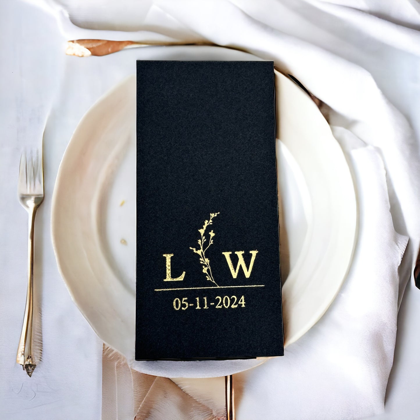 Personalized Wedding Napkins with Branch and Letter, Linen Feel