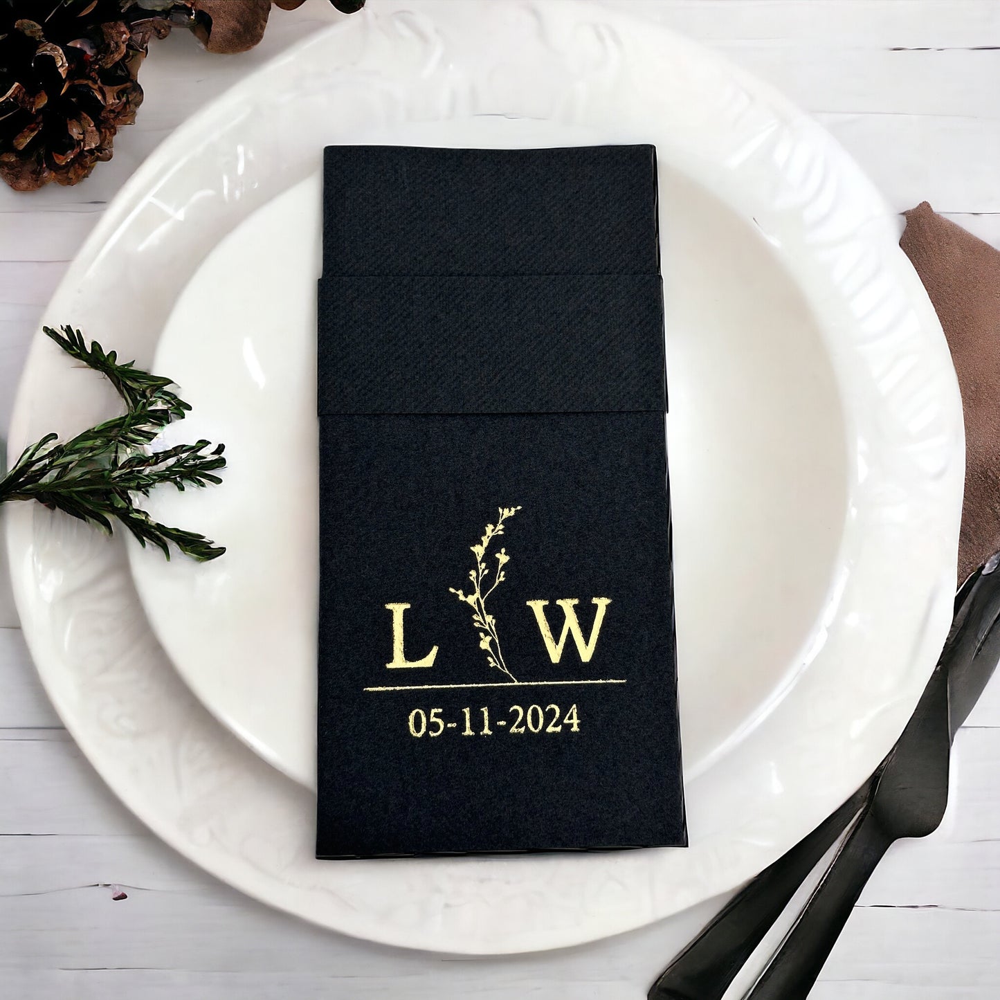 Personalized Wedding Napkins With Branch and Letter, Linen Like