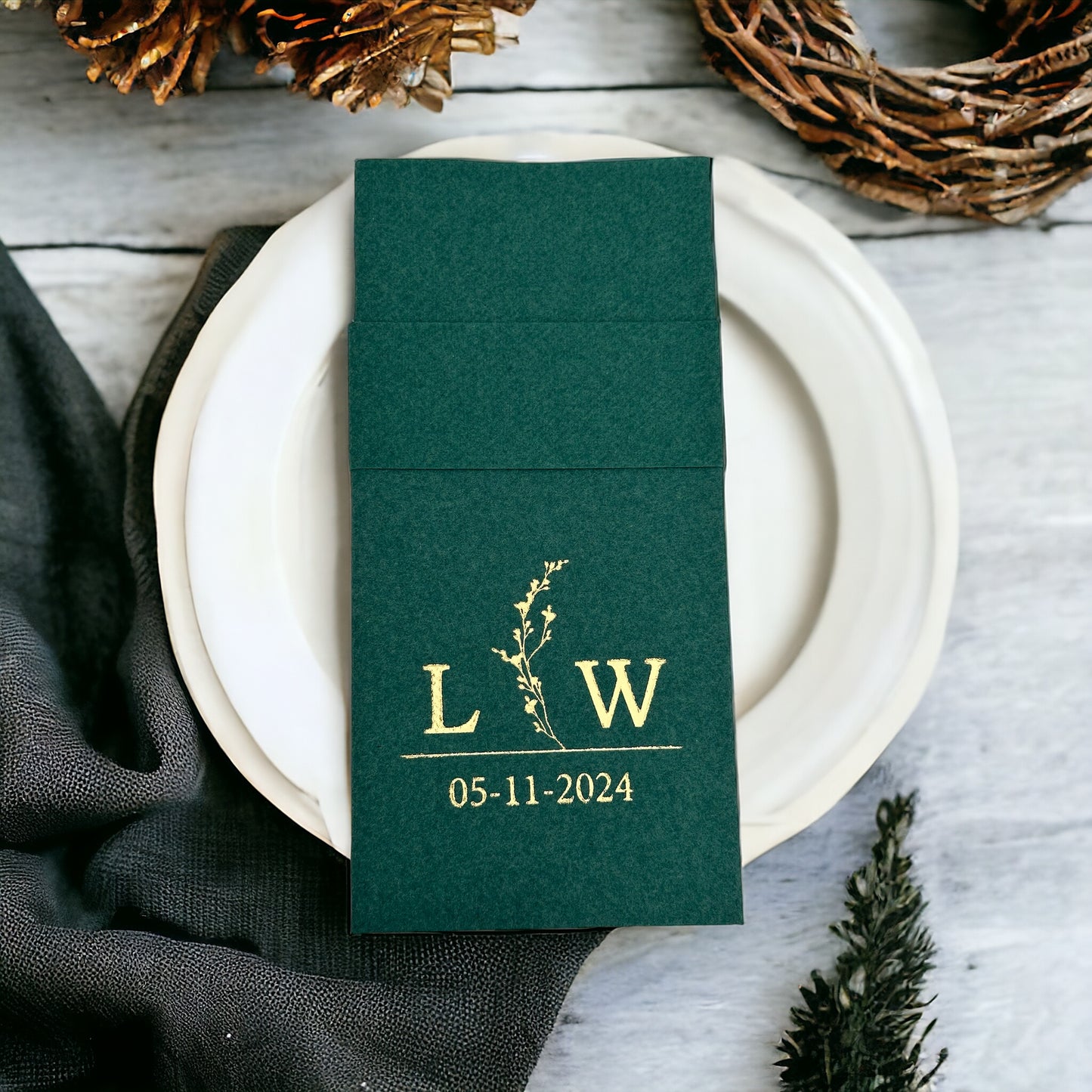 Personalized Wedding Napkins With Branch and Letter, Linen Like