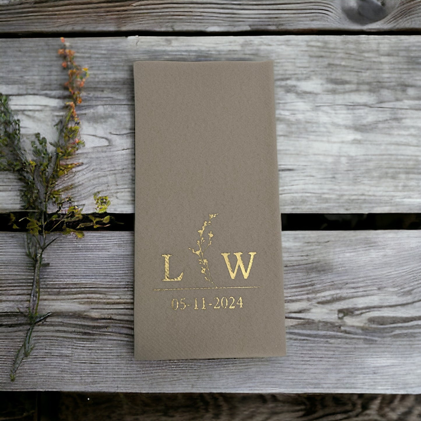 Personalized Wedding Napkins with Branch and Letter, Linen Feel