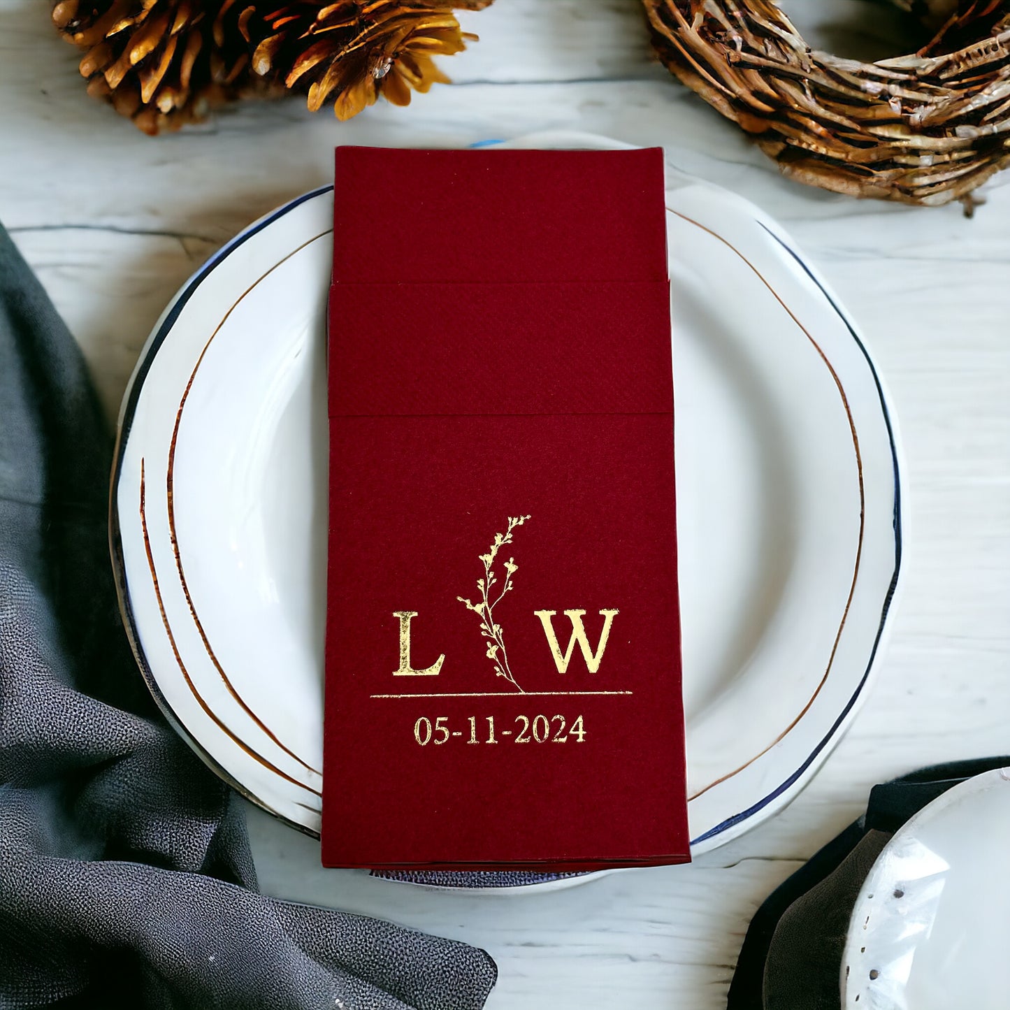 Personalized Wedding Napkins With Branch and Letter, Linen Like