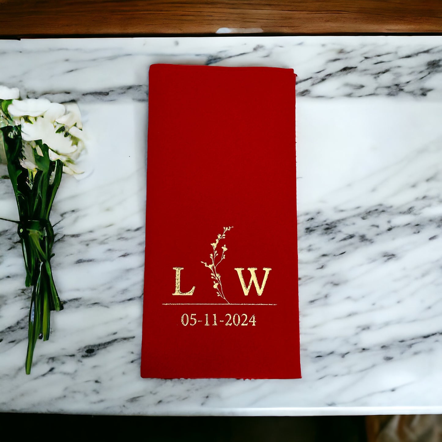 Personalized Wedding Napkins with Branch and Letter, Linen Feel