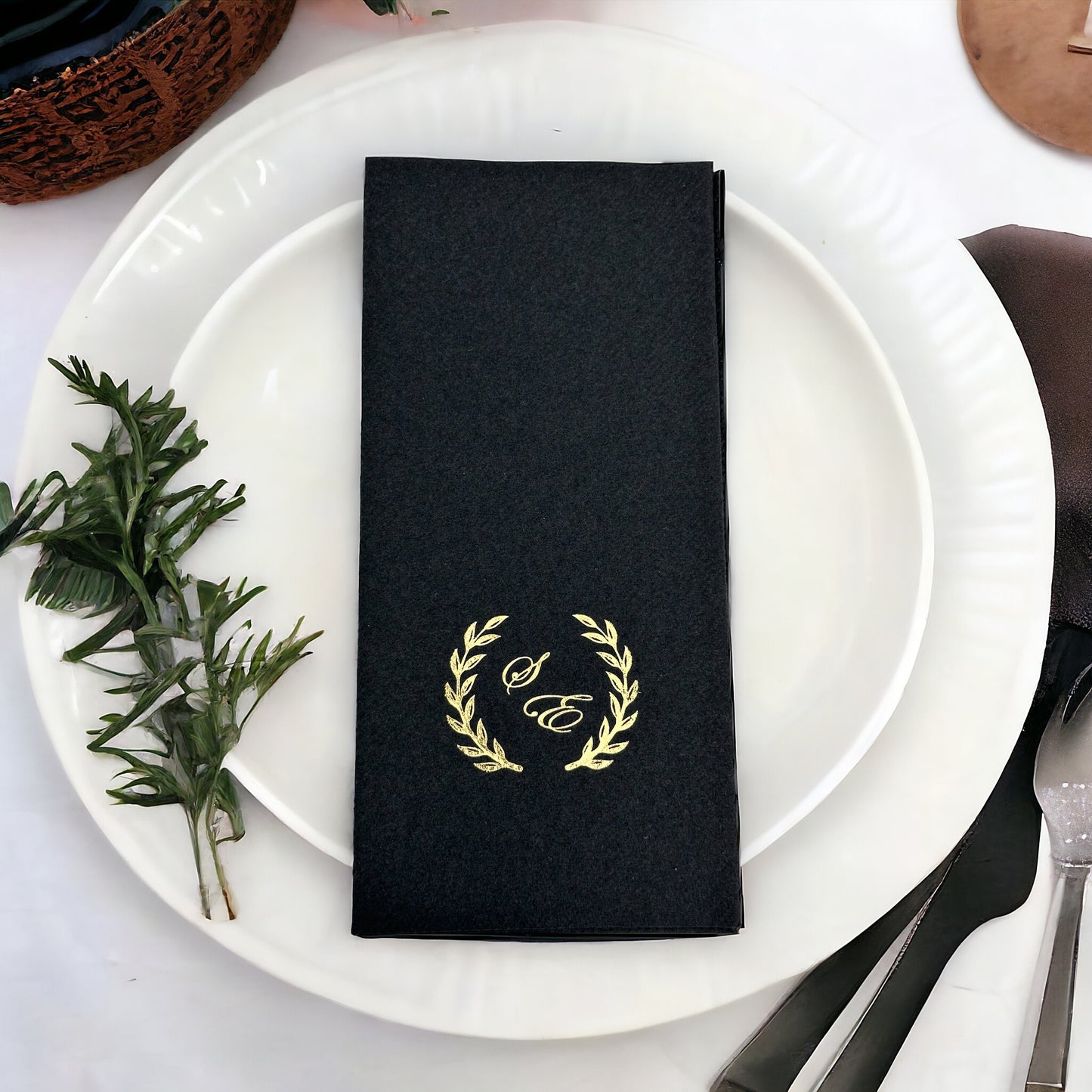 Personalized Wedding Napkins with Letters and Branch, Bookfold Napkin, Linen Like