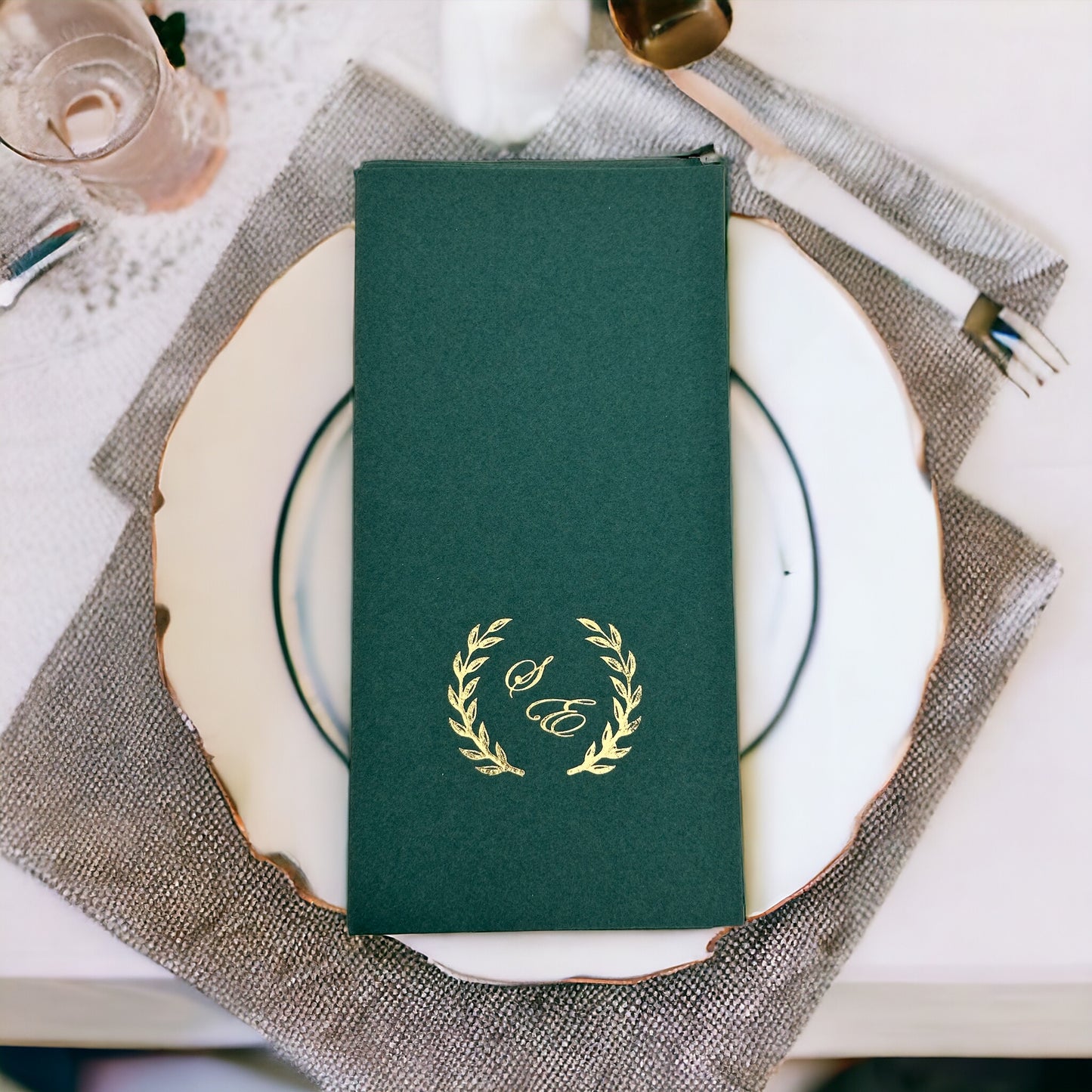 Personalized Wedding Napkins with Letters and Branch, Bookfold Napkin, Linen Like