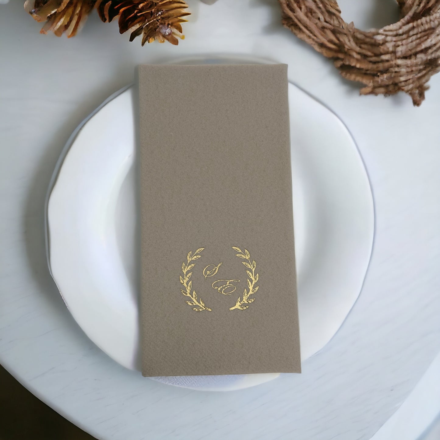 Personalized Wedding Napkins with Letters and Branch, Bookfold Napkin, Linen Like