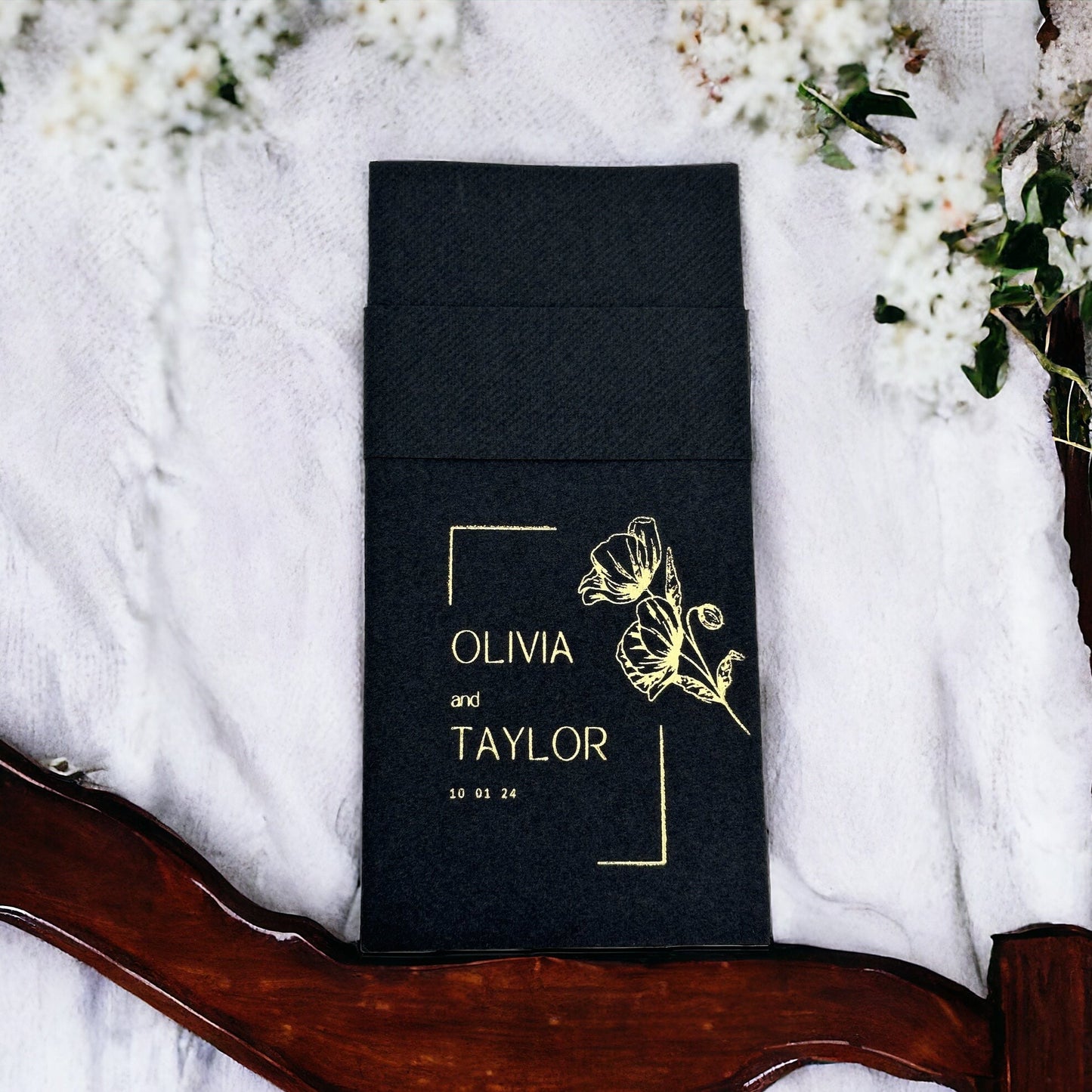 Personalized Pocket Wedding Napkins with Rose, Linen Like