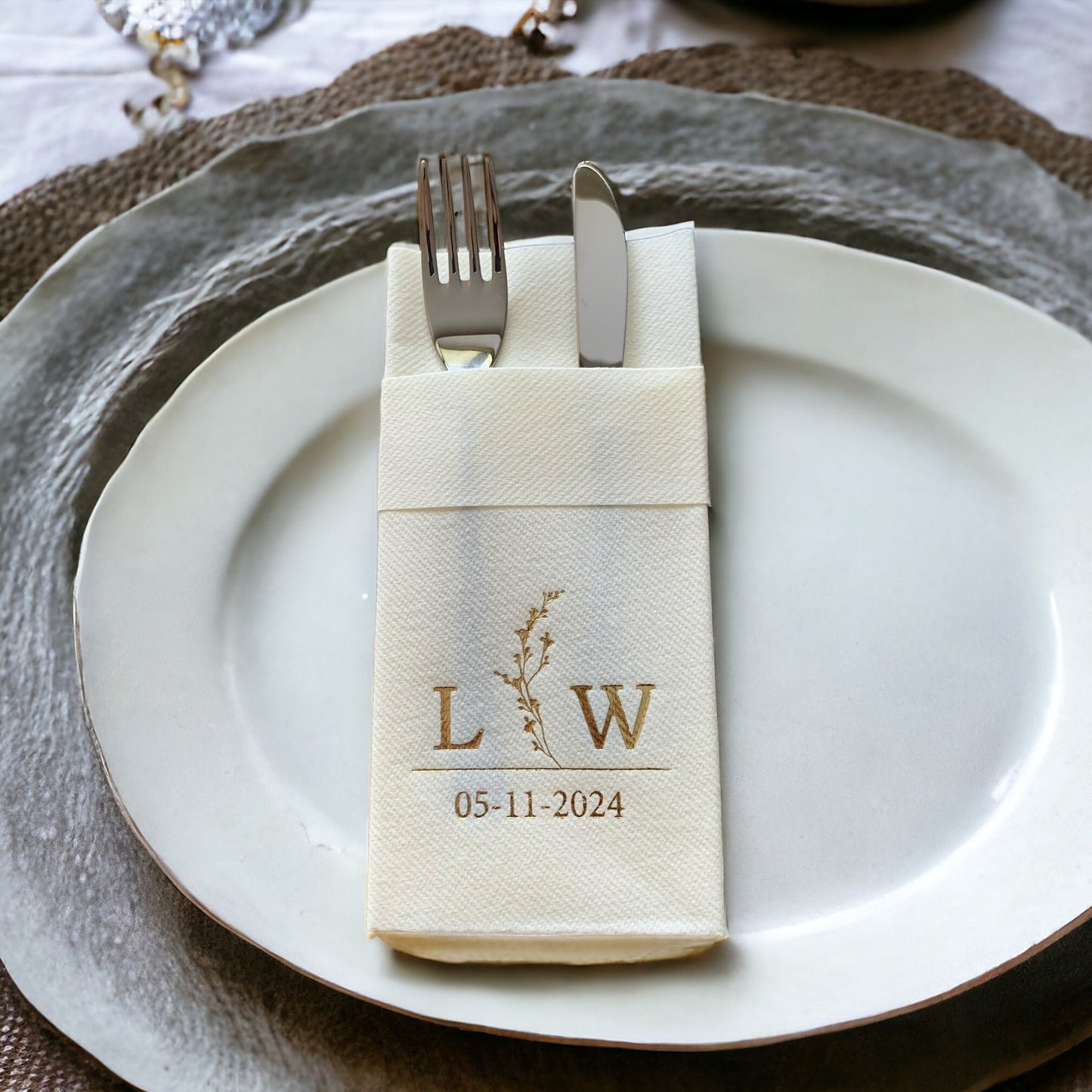 Personalized Wedding Napkins With Branch and Letter, Linen Like