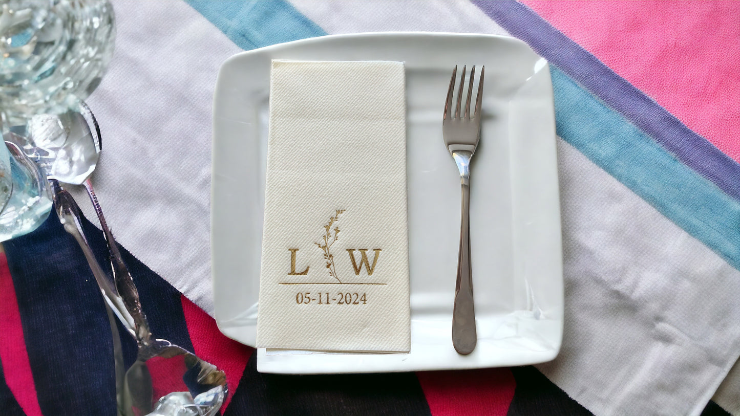 Personalized Wedding Napkins with Branch and Letter, Linen Feel