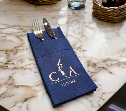 Personalized Wedding Napkins With Branch and Letter, Linen Like