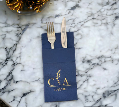 Personalized Wedding Napkins With Branch and Letter, Linen Like