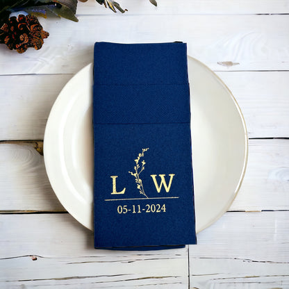 Personalized Wedding Napkins With Branch and Letter, Linen Like