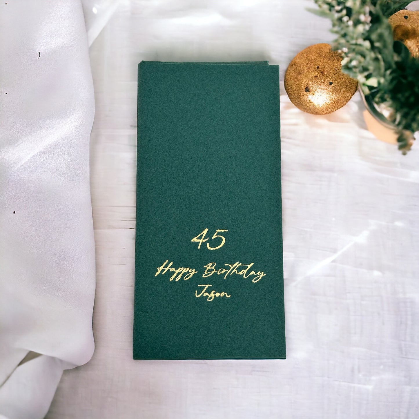 Bookfold Birthday Napkin, Linen Like, Personalized Napkins, Custom Birthday Napkin