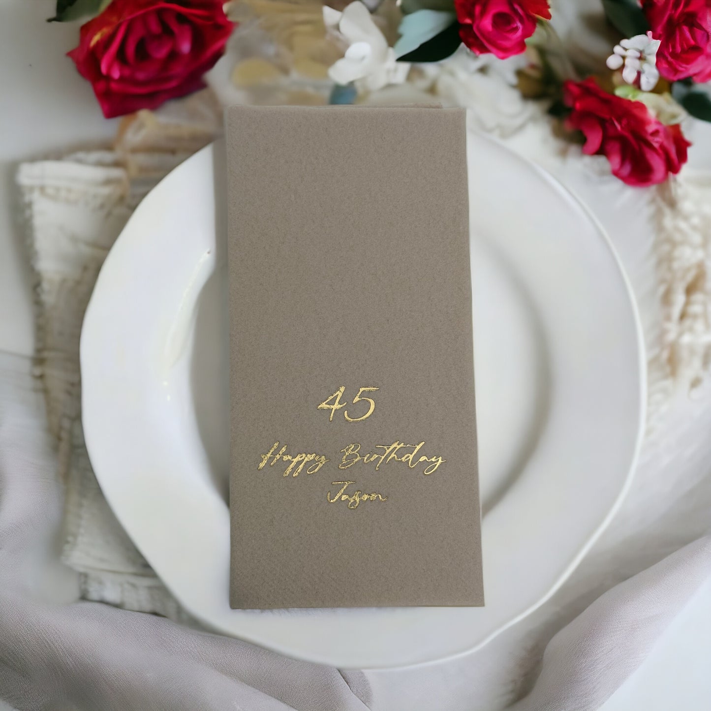 Bookfold Birthday Napkin, Linen Like, Personalized Napkins, Custom Birthday Napkin