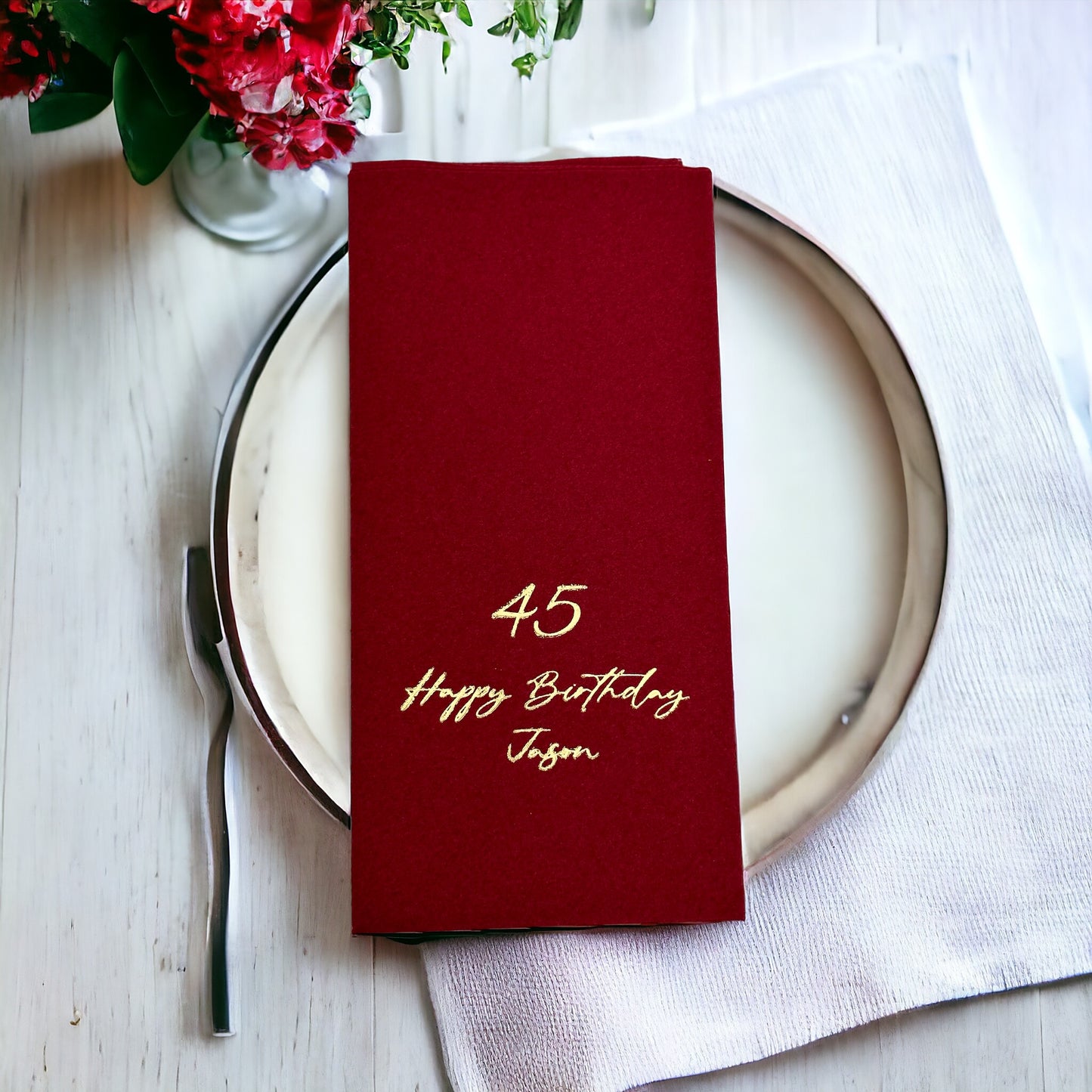 Bookfold Birthday Napkin, Linen Like, Personalized Napkins, Custom Birthday Napkin