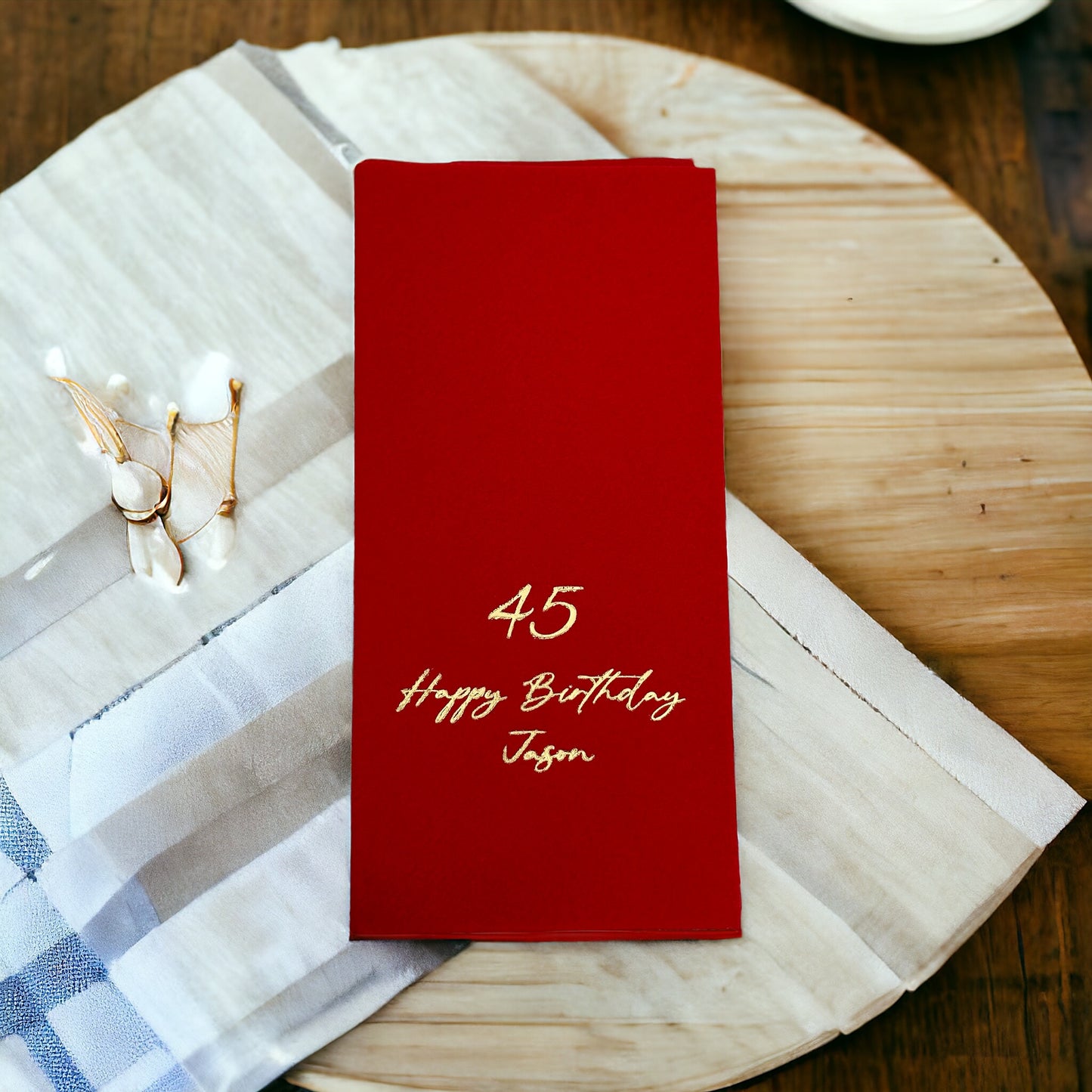 Bookfold Birthday Napkin, Linen Like, Personalized Napkins, Custom Birthday Napkin