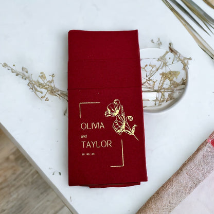 Personalized Pocket Wedding Napkins with Rose, Linen Like