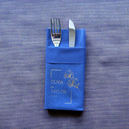 Personalized Pocket Wedding Napkins with Rose, Linen Like